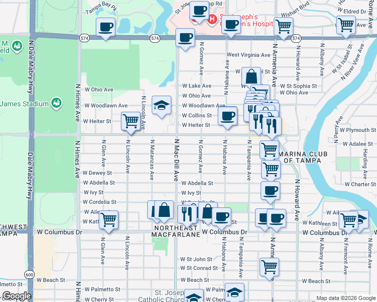 map of restaurants, bars, coffee shops, grocery stores, and more near 3017 West Douglas Street in Tampa