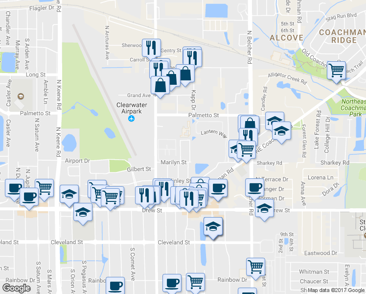 map of restaurants, bars, coffee shops, grocery stores, and more near 2055 Palmetto Street in Clearwater