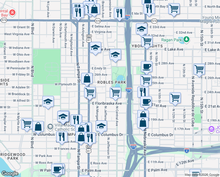 map of restaurants, bars, coffee shops, grocery stores, and more near 3106 North Avon Avenue in Tampa