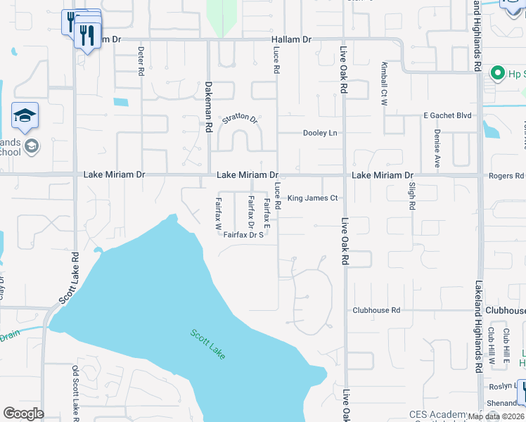 map of restaurants, bars, coffee shops, grocery stores, and more near 5014 Fairfax Drive in Lakeland