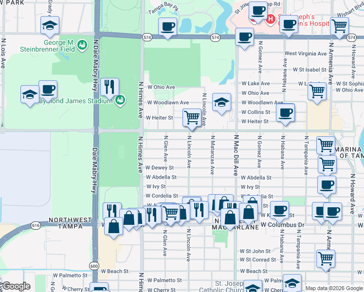 map of restaurants, bars, coffee shops, grocery stores, and more near 3315 West Douglas Street in Tampa