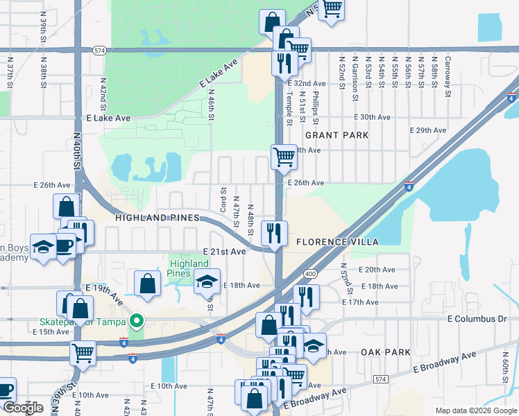 map of restaurants, bars, coffee shops, grocery stores, and more near 3206 North 49th Street in Tampa