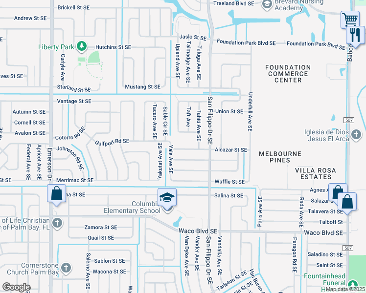 map of restaurants, bars, coffee shops, grocery stores, and more near 1231 Alcazar Street Southeast in Palm Bay