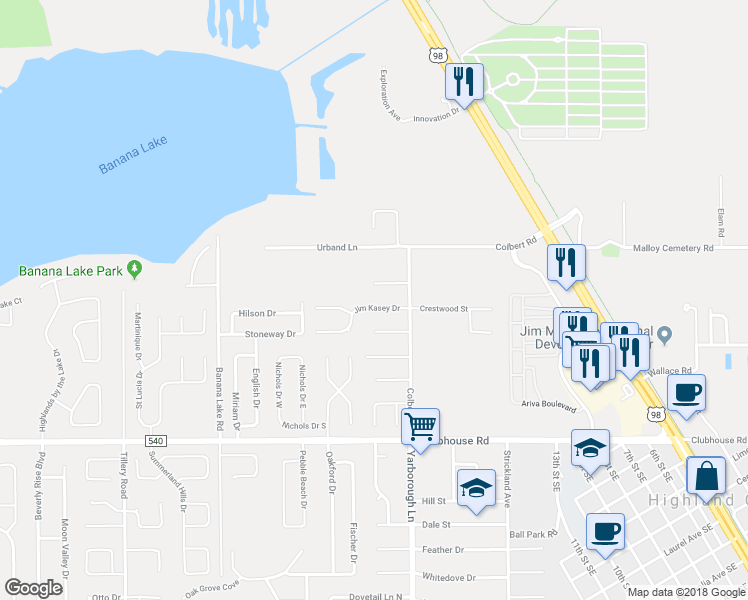map of restaurants, bars, coffee shops, grocery stores, and more near 3610 Jim Kasey Drive in Lakeland