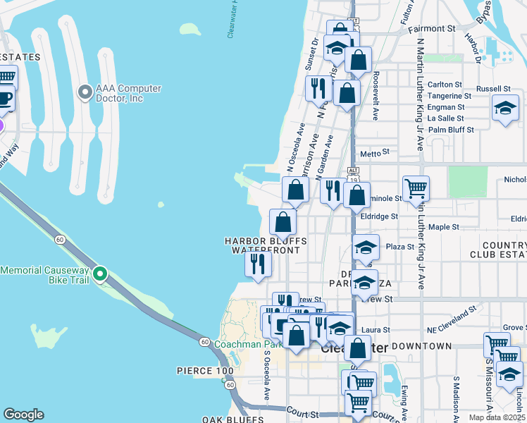 map of restaurants, bars, coffee shops, grocery stores, and more near 706 North Osceola Avenue in Clearwater
