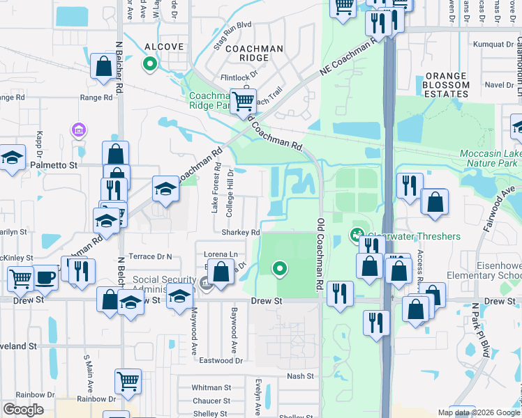 map of restaurants, bars, coffee shops, grocery stores, and more near 901 Earlham Drive in Clearwater