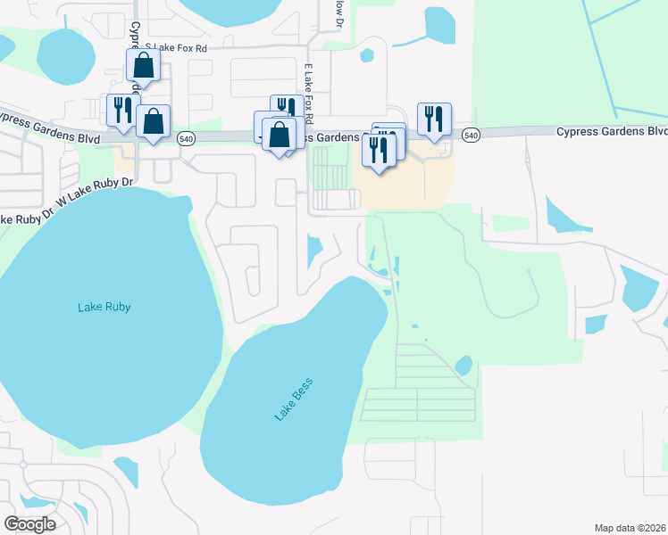 map of restaurants, bars, coffee shops, grocery stores, and more near 7379 Bent Grass Drive in Winter Haven