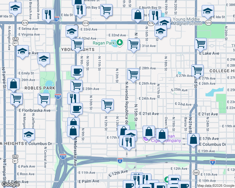 map of restaurants, bars, coffee shops, grocery stores, and more near 1214 East 25th Avenue in Tampa