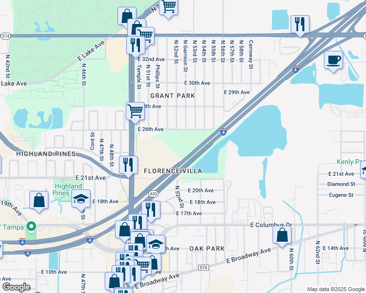 map of restaurants, bars, coffee shops, grocery stores, and more near 3225 North 50th Street in Tampa