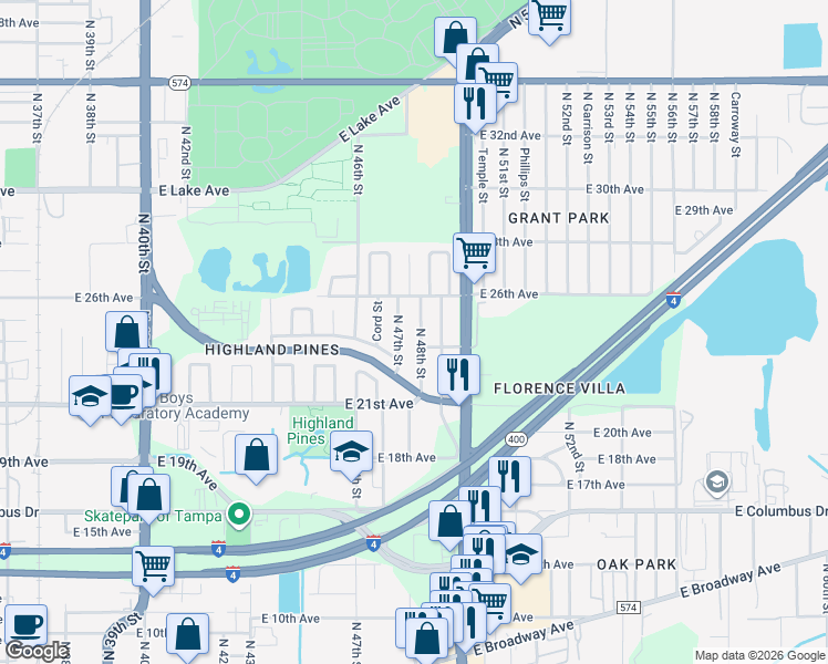 map of restaurants, bars, coffee shops, grocery stores, and more near 3225 North 47th Street in Tampa