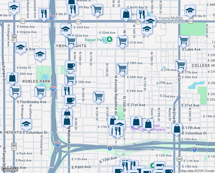 map of restaurants, bars, coffee shops, grocery stores, and more near 1214 East 25th Avenue in Tampa