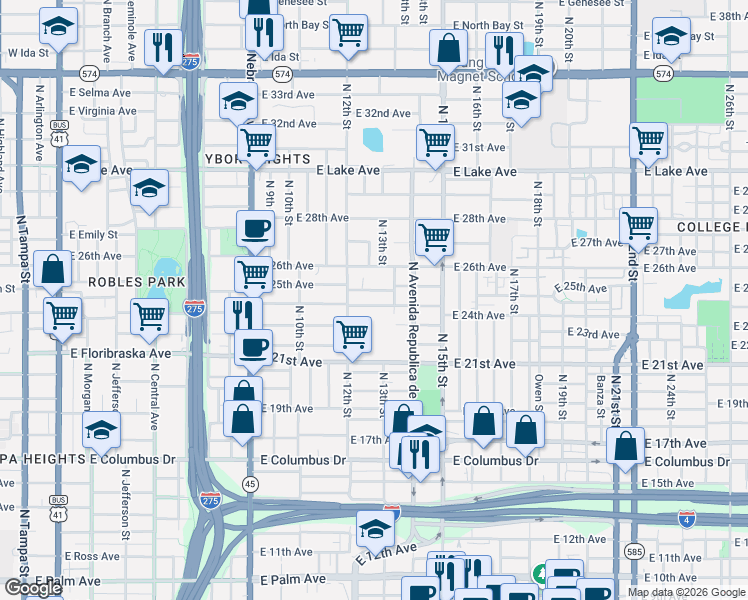 map of restaurants, bars, coffee shops, grocery stores, and more near 1214 East 25th Avenue in Tampa