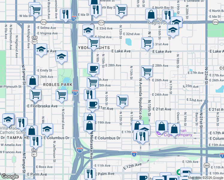 map of restaurants, bars, coffee shops, grocery stores, and more near 1001 East 25th Avenue in Tampa