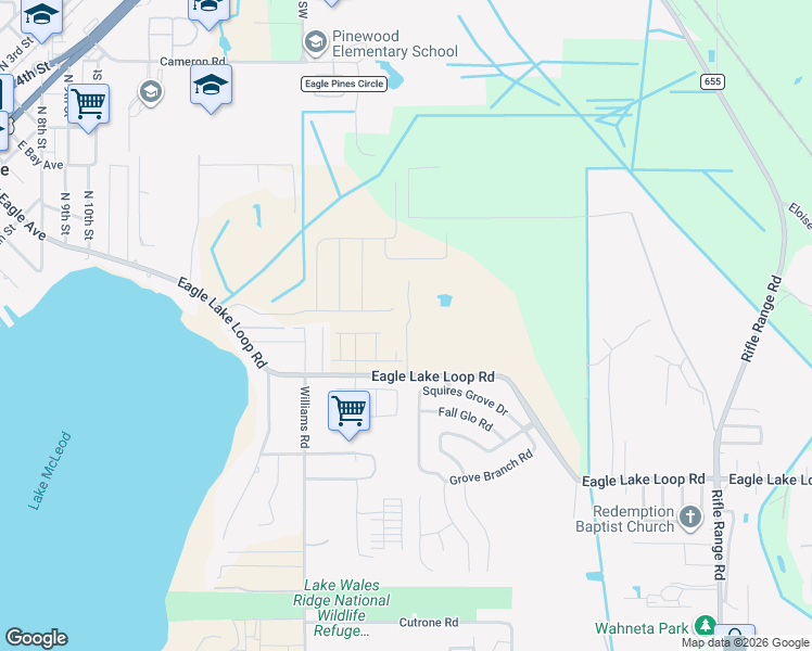 map of restaurants, bars, coffee shops, grocery stores, and more near Hayes Road in Eagle Lake