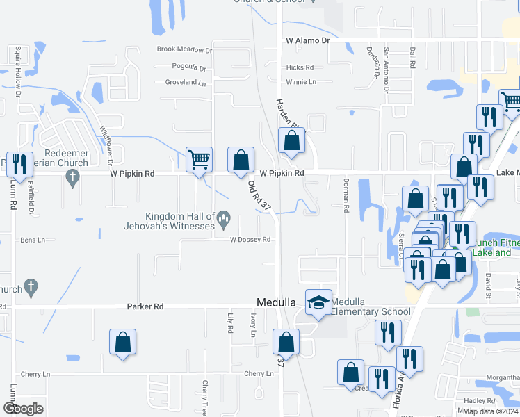 map of restaurants, bars, coffee shops, grocery stores, and more near 5111 Old Road 37 in Lakeland