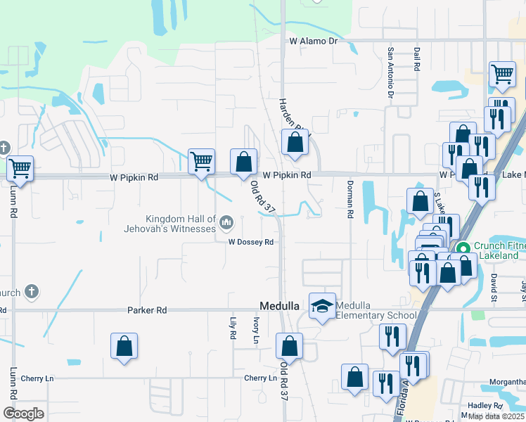 map of restaurants, bars, coffee shops, grocery stores, and more near 5111 Old Road 37 in Lakeland