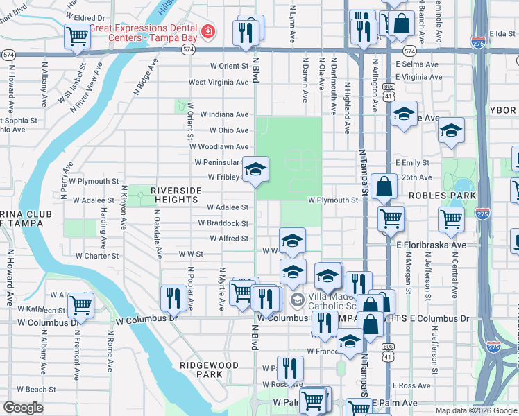 map of restaurants, bars, coffee shops, grocery stores, and more near 3120 North Woodrow Avenue in Tampa