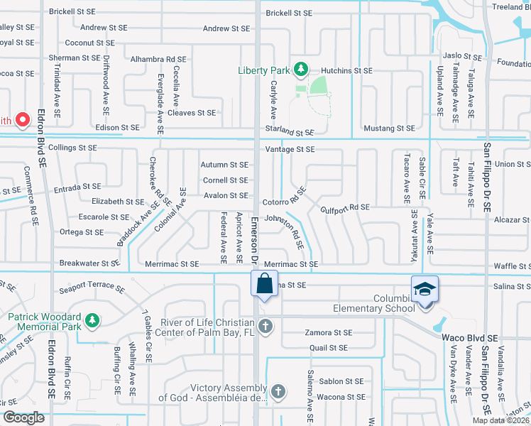 map of restaurants, bars, coffee shops, grocery stores, and more near 898 Cotorro Road Southeast in Palm Bay