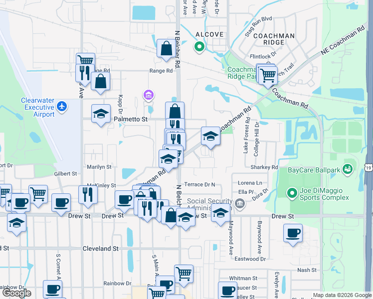 map of restaurants, bars, coffee shops, grocery stores, and more near 2224 Hemerick Place in Clearwater