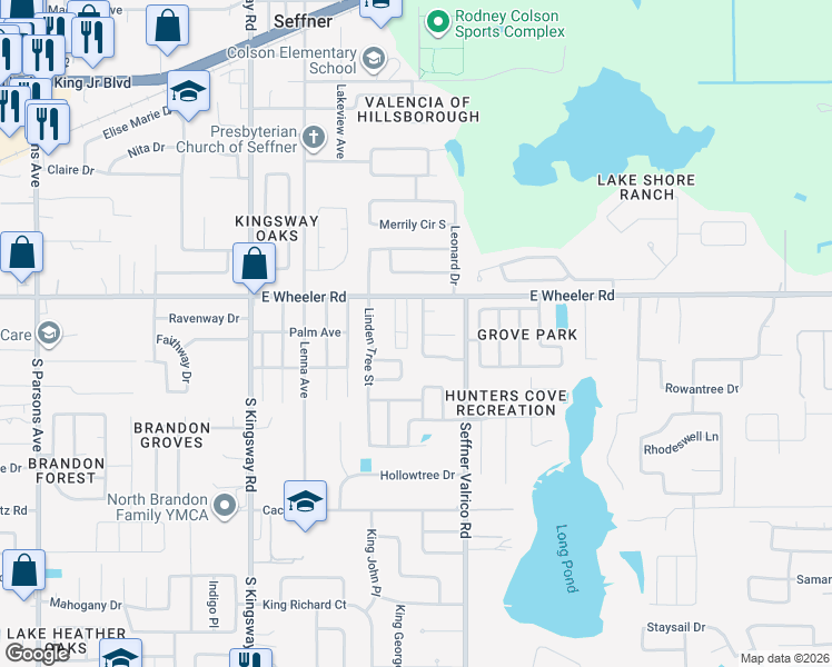 map of restaurants, bars, coffee shops, grocery stores, and more near 2413 Wheeler Groves Drive in Seffner