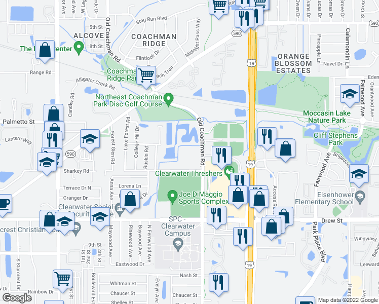 map of restaurants, bars, coffee shops, grocery stores, and more near Old Coachman Road South in Clearwater