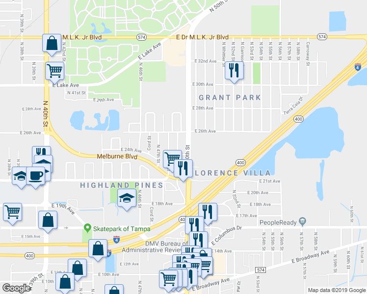 map of restaurants, bars, coffee shops, grocery stores, and more near 3213 North 49th Street in Tampa