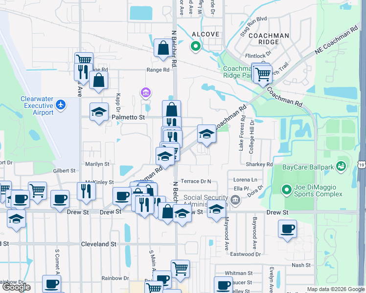 map of restaurants, bars, coffee shops, grocery stores, and more near 2224 Hemerick Place in Clearwater