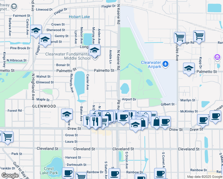 map of restaurants, bars, coffee shops, grocery stores, and more near 551 North Saturn Avenue in Clearwater