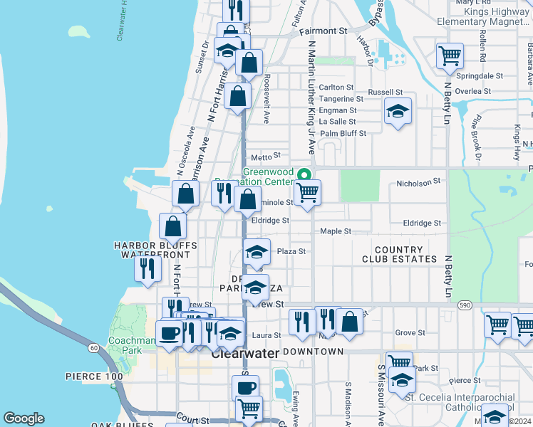 map of restaurants, bars, coffee shops, grocery stores, and more near 913 Seminole Street in Clearwater