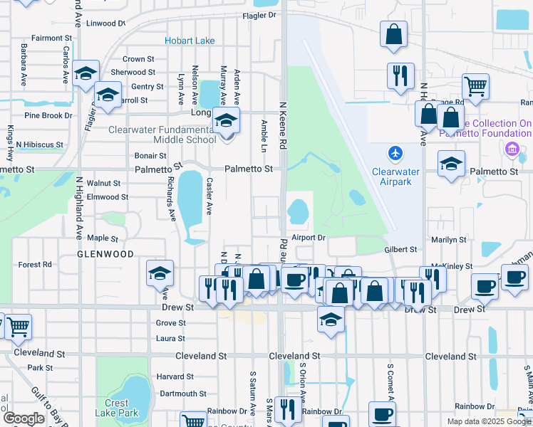 map of restaurants, bars, coffee shops, grocery stores, and more near 551 North Saturn Avenue in Clearwater