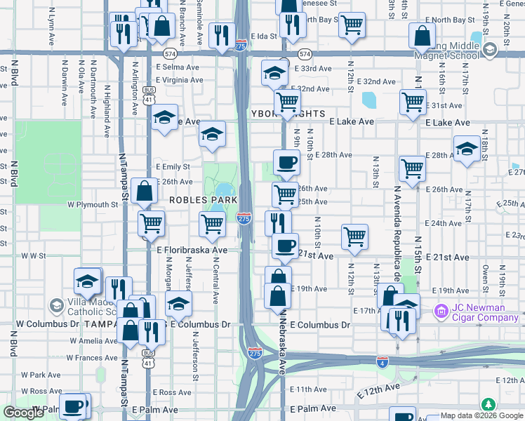 map of restaurants, bars, coffee shops, grocery stores, and more near 802 East Plymouth Street in Tampa