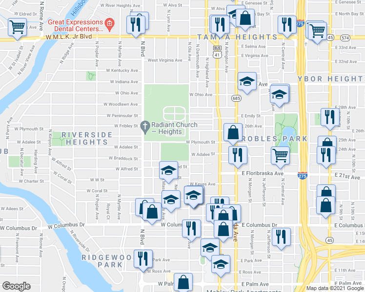 map of restaurants, bars, coffee shops, grocery stores, and more near 3100 North Ola Avenue in Tampa