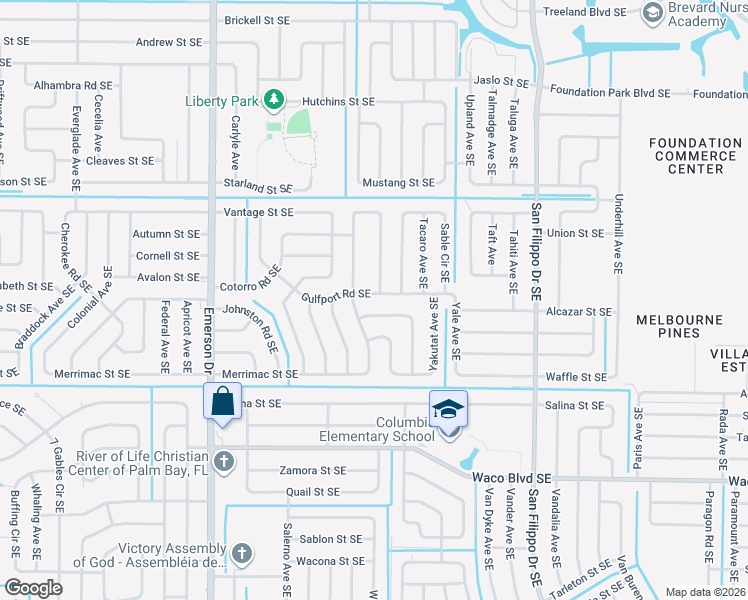 map of restaurants, bars, coffee shops, grocery stores, and more near 1074 Gulfport Road Southeast in Palm Bay