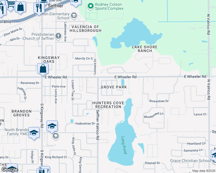 map of restaurants, bars, coffee shops, grocery stores, and more near 2608 Hampton Park Place in Seffner