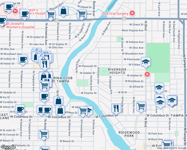 map of restaurants, bars, coffee shops, grocery stores, and more near 1101 West Adalee Street in Tampa