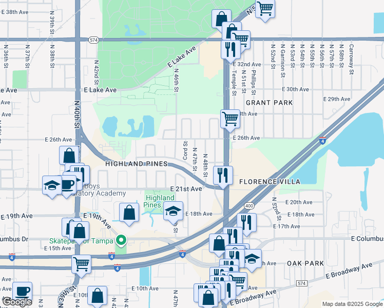 map of restaurants, bars, coffee shops, grocery stores, and more near 3220 North 47th Street in Tampa
