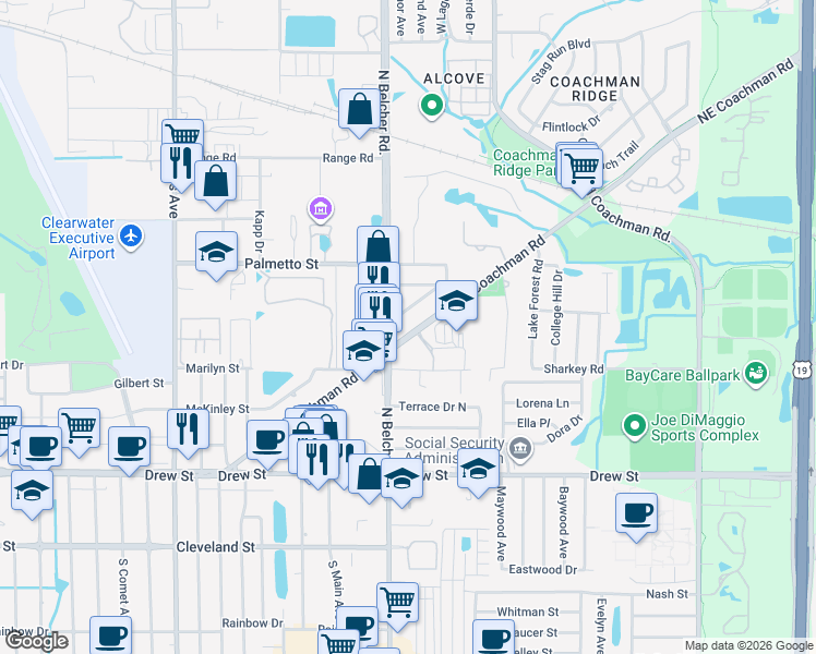 map of restaurants, bars, coffee shops, grocery stores, and more near 2212 Northeast Coachman Road in Clearwater