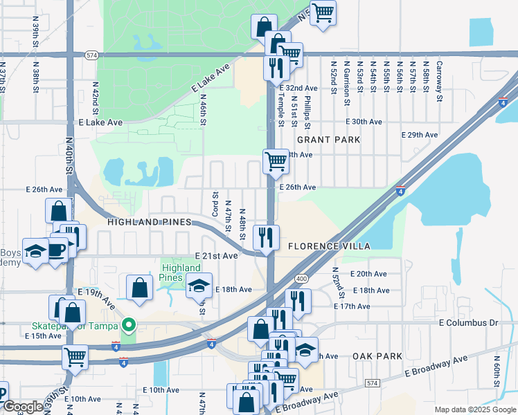map of restaurants, bars, coffee shops, grocery stores, and more near 3213 North 49th Street in Tampa