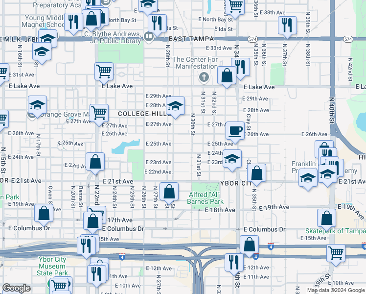 map of restaurants, bars, coffee shops, grocery stores, and more near 2918 East 25th Avenue in Tampa