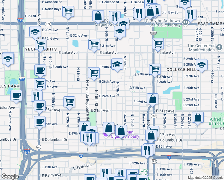 map of restaurants, bars, coffee shops, grocery stores, and more near 33068 North 17th Street in Tampa