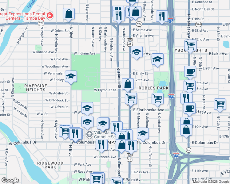 map of restaurants, bars, coffee shops, grocery stores, and more near 3202 North Tampa Street in Tampa