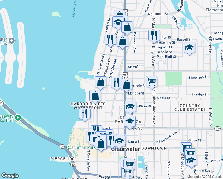 map of restaurants, bars, coffee shops, grocery stores, and more near 504 Seminole Street in Clearwater
