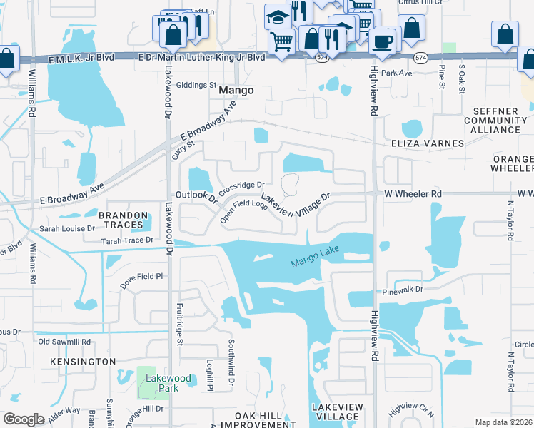 map of restaurants, bars, coffee shops, grocery stores, and more near 1623 Open Field Loop in Brandon