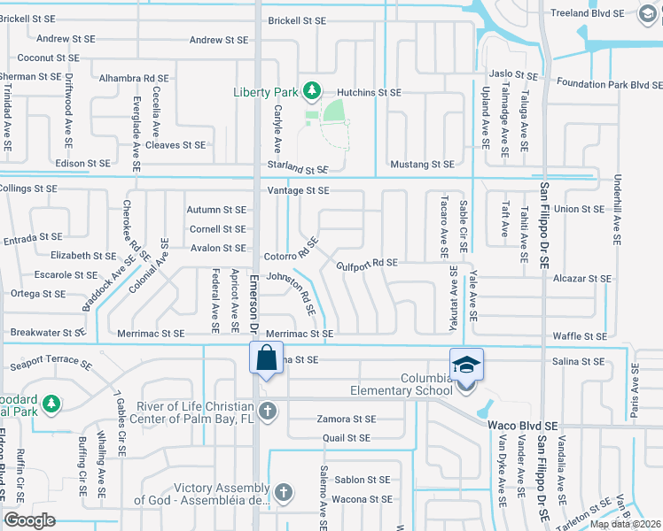 map of restaurants, bars, coffee shops, grocery stores, and more near 1041 Grapefruit Road Southeast in Palm Bay