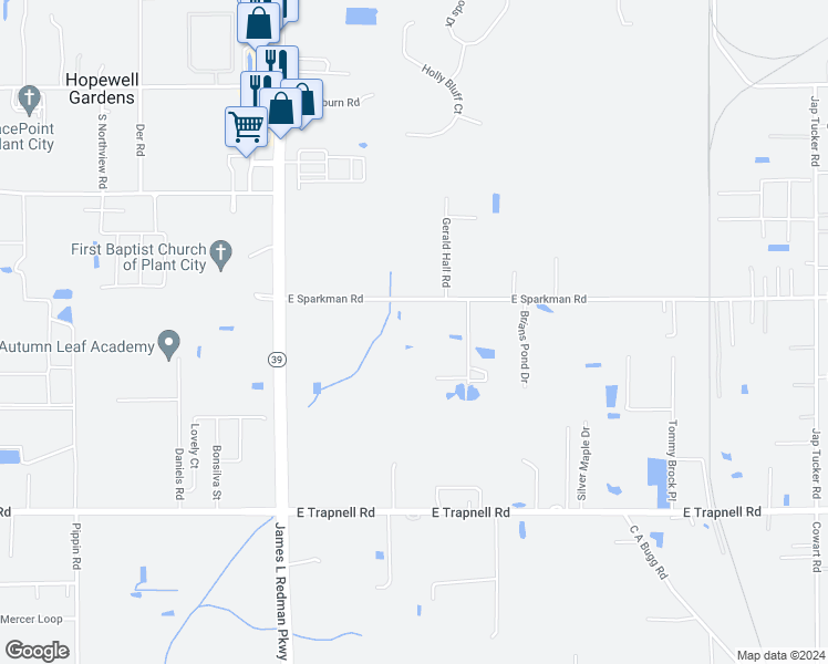 map of restaurants, bars, coffee shops, grocery stores, and more near 301 East Sparkman Road in Plant City