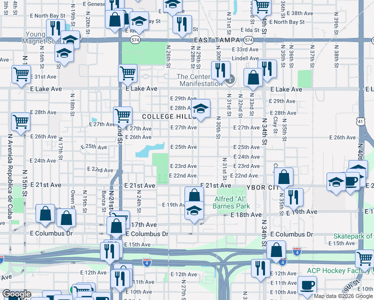 map of restaurants, bars, coffee shops, grocery stores, and more near 2711 East 25th Avenue in Tampa