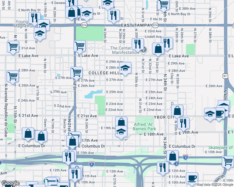 map of restaurants, bars, coffee shops, grocery stores, and more near 2711 East 25th Avenue in Tampa