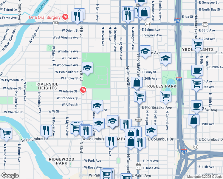 map of restaurants, bars, coffee shops, grocery stores, and more near 3100 North Ola Avenue in Tampa