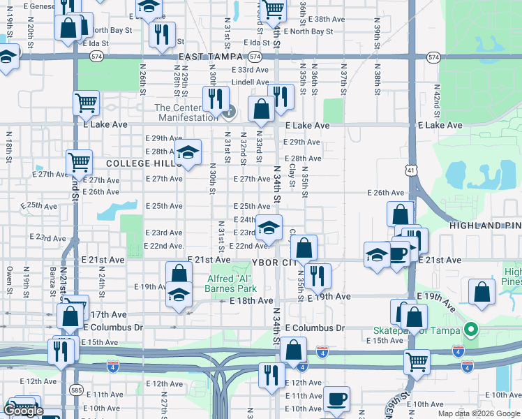 map of restaurants, bars, coffee shops, grocery stores, and more near 3301 North 33rd Street in Tampa
