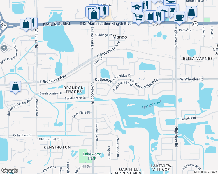 map of restaurants, bars, coffee shops, grocery stores, and more near 1794 Lakeview Village Drive in Brandon